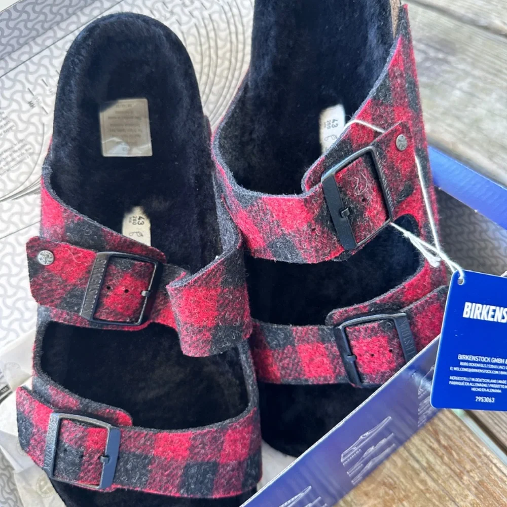 Birkenstock Plaid Red Arizona Shearling Lined Mens 10 EU43 - Picture 3 of 8